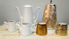 NOS Vintage Mid Century HKE Porcelain Coffee Set Creamer Sugar Thermal Jackets picture