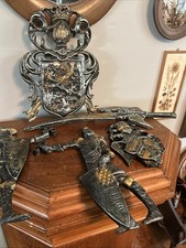 Vintage Medieval Hard Plastic MCM Coat Arms Dragons Shield With Swords Wall Art picture