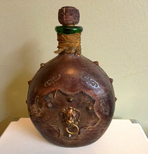 Vtg Italian Leather Wrapped Wine Decanter Bottle Lion Head Brass Knocker Italy picture