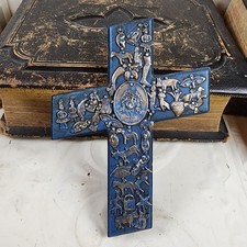Vtg Blue & Silver Cross Milagros Wood Rustic Hand Made Signed Ramos Hangs picture