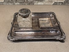 Antique Cut Crystal Glass INKWELL Stand MAPPIN & WEBB Silver Plate Gadroon Shell picture