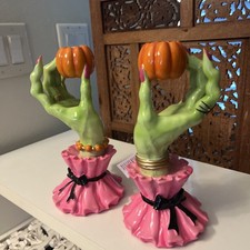 Witch Hand Candle holder PAIR Halloween Decor Witch Hands and Pumpkin TWO NEW picture