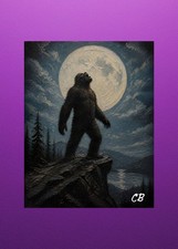 Bigfoot Full Moon Howl ACEO Giclee | Cryptid Folk Art | Mountain Cliff picture