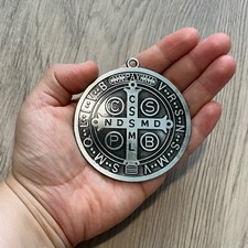 Catholic St Benedict Large Medal Antique Silver Tone Medalla Medallón San Benito picture