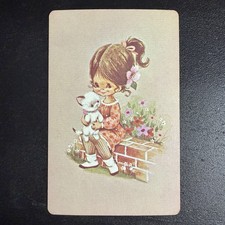 VTG Big-Eyed Girl with Kitten / Cat Single Swap Playing Card -c. 1970s picture