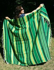 Lucky Green Mexican Serape Sarape Fringed Blanket Bedspread 84