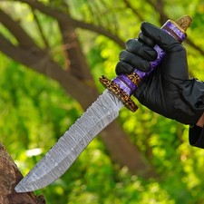 Hand Forged Damascus Steel bowie Knife Purple Resin Handle With Leather Sheath picture