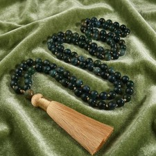 Moss Agate 108 Mala Beads Hand Knotted Tassel Necklace Abundance Meditation Yoga picture