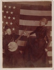Vintage Woman Banjo Playing Dancing Action Photo Patriotic American Flag 1890s picture