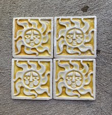 4 Vintage Mexican Ceramic Tiles 3D High Relief Sun Face Hand Painted Yellow 4