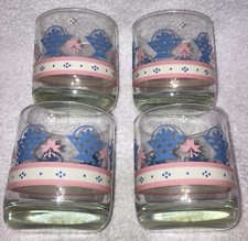 Libbey Vintage 80s Country Basket 8 oz Juice Tumblers Glasses Pink Blue Set Of 4 picture