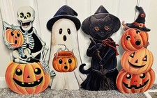 Vintage Inspired Halloween Metal Sign Set of 4 Skeleton Cat Pumpkin Ghost picture