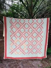 Antique Handmade Flying Geese Quilt 1930s Mint Green Red Cotton 83x56 Folk Art picture