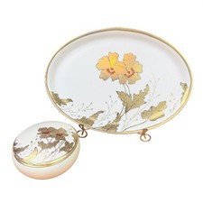 1909 Art Deco Dresser Tray & Covered Jar Set Porcelain Gold Antique Poppy LOOK picture