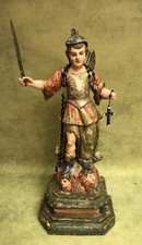 19thC Spanish Colonial Carved Wood St Michael Statue Removable Helmet Glass Eyes picture