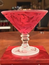Vtg Michael Weems Elise Ruby Red Frosted Martini Glass Clear Bulbous Stem Signed picture