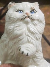 White Ceramic Longhair Cat Figurine with Blue Eyes picture