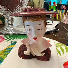 Vintage 1950 Ceramic Lady Head Vase Planter Figurine Hand Painted Glaze picture