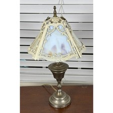 Antique c. 1920 Slag Glass Table Lamp 4 Panel Ornate Metal Shade picture