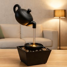 Zen Teapot Water Fountain Lamp with Soothing LED Glow & Water Flow - Black Resin picture