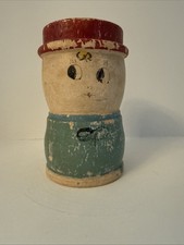 Vintage COIN BANK  Wooden Painted Doll Figure 3-1/2” Tall Bx410 picture