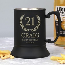 Personalised 21st Happy Birthday Crest Black Stainless Steel Tankard Gift Pint picture