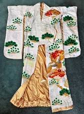 Japanese  Vintage Handmade Kimono With Embroidered Gold Cranes picture