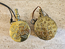 Lot of 2 Antique Brass Ottoman / Moroccan Powder Flasks with leather straps  picture