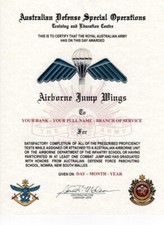 Australian Defense Special Opp Airborne Jump School Wing Replacement Certificate picture