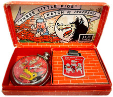 1930s THE BIG BAD WOLF INGERSOLL POCKET WATCH EXCELLENT IN BOX WITH FOB picture