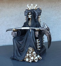 Black Holy Death Grim Reaper Sitting On Skeleton Skull Throne Figurine 10.5