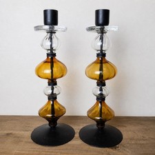 Vintage Erik Höglund Boda Amber Glass Candlesticks Pair, Swedish MCM picture