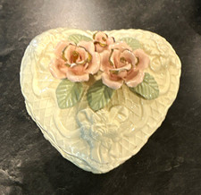 Vintage Heart Shaped Ceramic Trinket Box w/ Lid, White with Pink Roses picture
