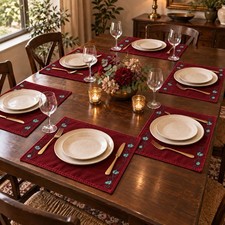 Vintage Set 6 Burgundy Velvet Placemats Beaded Floral Embroidery 18.5x13 picture
