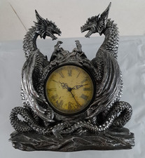 Vintage 2 Mythical Matallic Silver Dragons Battery Operated Desk Clock 2007 DWK picture