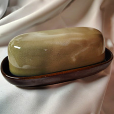 Sango Nova Brown/Tan Glazed Stoneware Covered Butter Dish w/ Lid 1 Stick picture