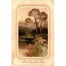 Antique 1911 Birthday Greetings Postcard Sheep Shepherd Scene Made in Germany picture