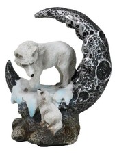 Winter Snow White Wolf Mother With Pup By Snowy Crater Crescent Moon Figurine picture
