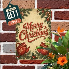 Red Teapot Holiday Kitchen Merry Christmas Wall Plaque Retro Metal Tin Sign picture