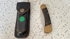 Vintage BUCK 110USA Hunting Pocket Knife Ebony Wood Handle Lockback W/Leather Sh picture