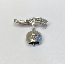 Vintage Liechtenstein Dangling Cow Bell Silver Tone Pin Edelweiss Flower On Bell picture