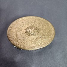 Vintage Oval Cut Glass Trinket Box Brass Floral Lid Powder Jar Vanity Dish picture