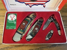White Tail Cutlery Handmade Collection Series 4 Pocket Knife Set Rainbow Wood picture