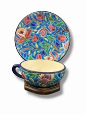 Antique Emaux de Longwy France D5685 Hand Enameled Floral Cup Saucer Blue picture