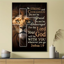 Christian Lion Canvas Wall Art Joshua 1:9 Bible Verse Print Religious Painting picture