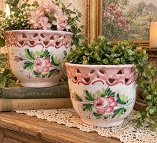 Vintage Italian Pottery Planters Pair Hand Painted Pink Roses Pierced Hearts picture