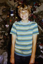 c1970's Kodachrome 35mm Slide, Boy Christmas Tree Holiday Portrait Kodak blue picture
