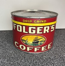 Vintage 1931 SEALED Folger’s Coffee Tin 1 lb Drip Grind Golden Gate Brand W/ Key picture