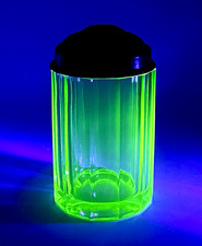 Antique Octagonal Uranium Green Glass Tobacco Dresser Vanity Lidded Jar  picture