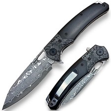 Damascus Steel EDC Pocket Knife Ebony Handle Ball Bearing Pivot System picture